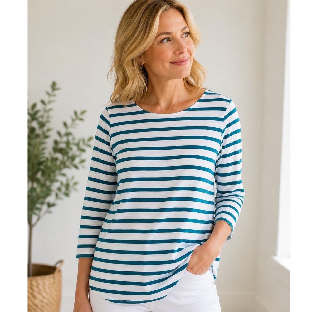 Christopher & Banks Petite Large Teal White Striped 100% Cotton 3/4 Sleeve Top